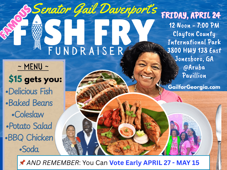Senator Gail Davenport's Fish Fry Fundraiser flyer with event details, menu, and food photos.